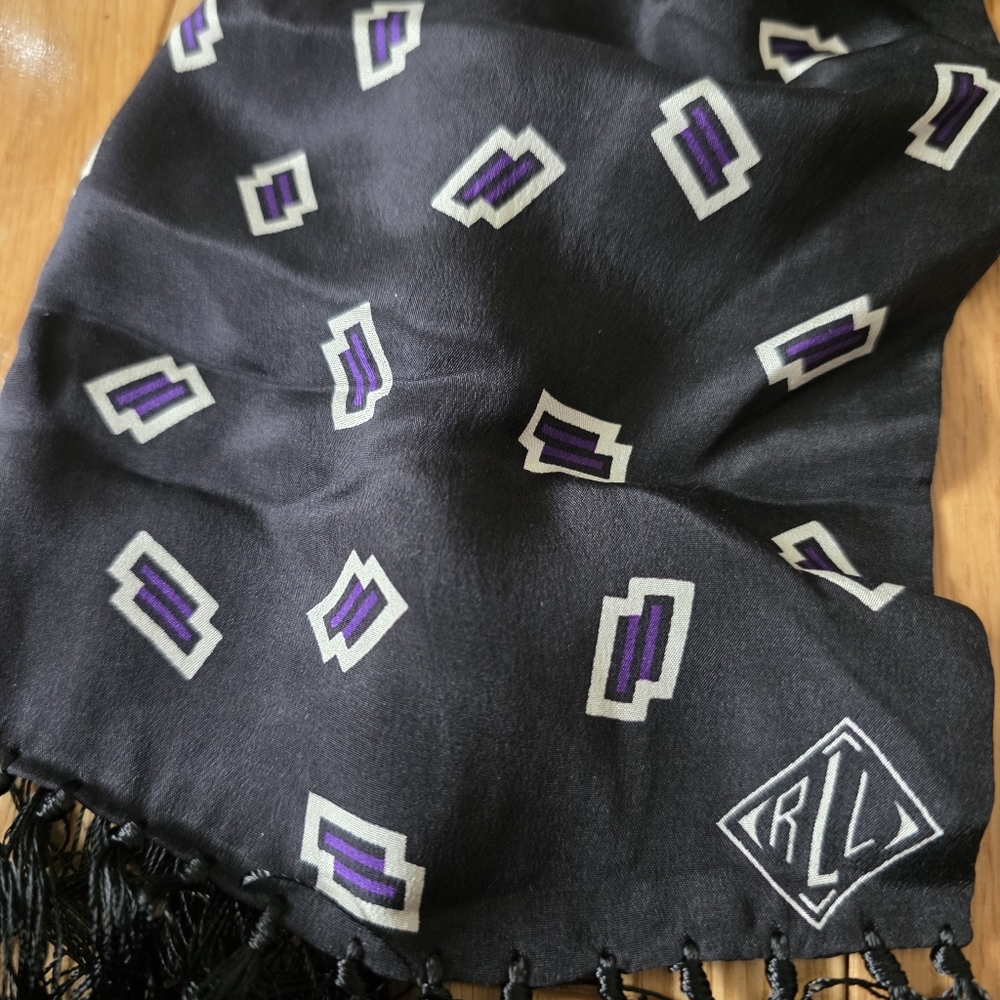 Ralph Lauren Black Purple Silk Scarf with White Print Fringe - Picture 4 of 8
